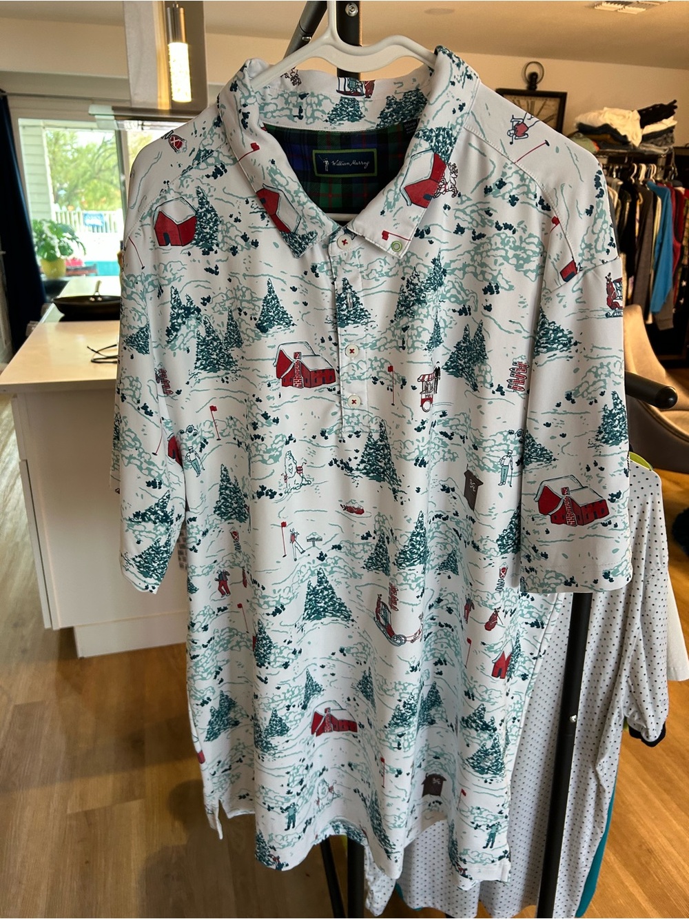 William Murray Golf Men’s White Holiday Scene Polo with Red and Green Accents